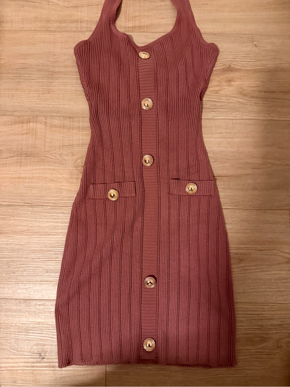 Knit Ribbed Halter Button-Front Mini Dress in Mauve - Picture 3 of 8